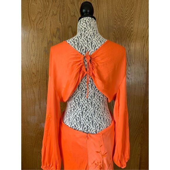 ASOS EDITION Long Sleeve Tonal Floral Embroidered Midi Dress in Bright Orange Si - Picture 8 of 12